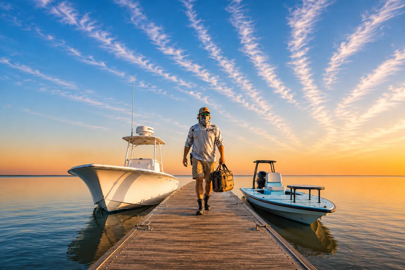 Captain Jaime Boyle walking down a dock between his two charter boats